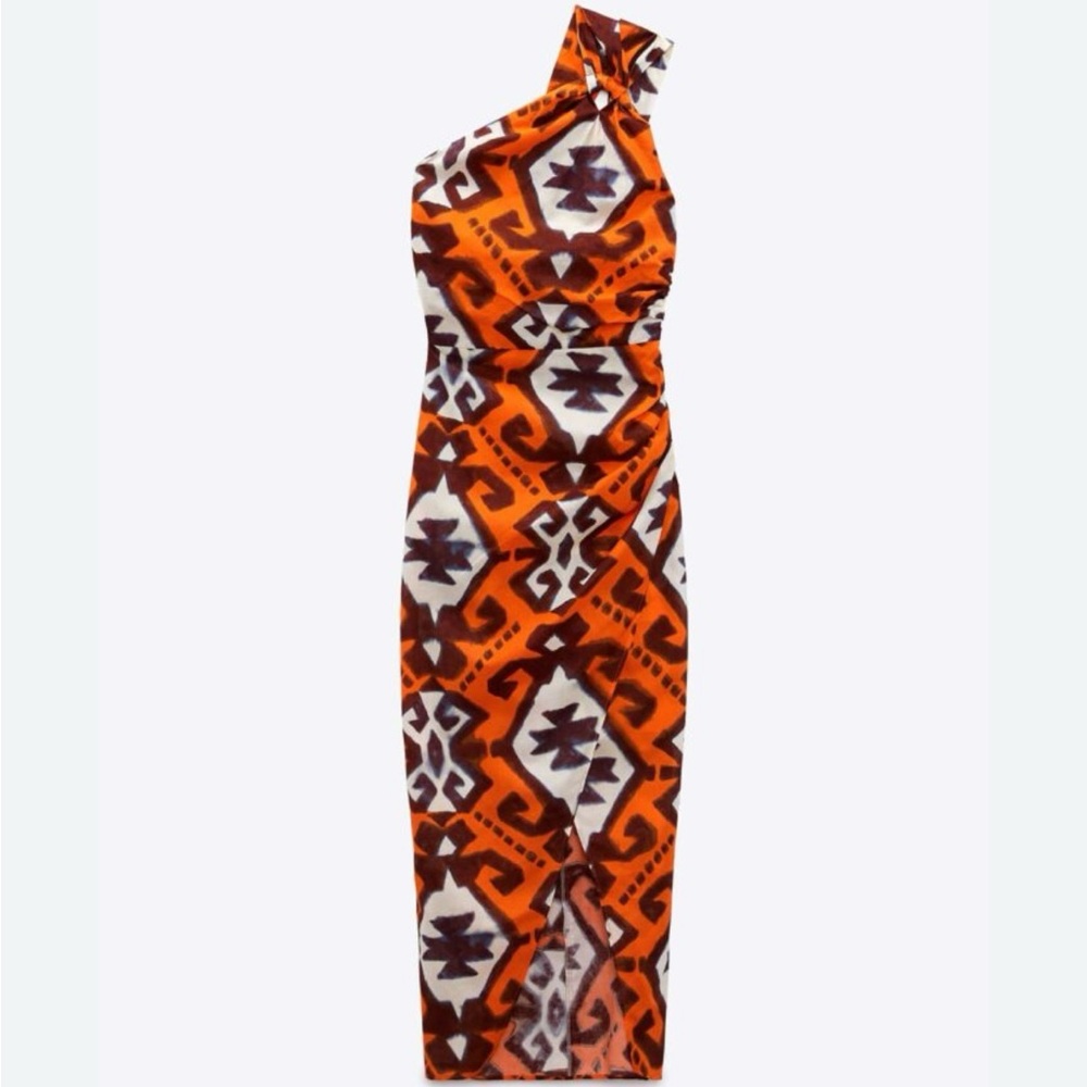Zara NWT One Shoulder Orange Patterned Cotton Dress Open Back Size Small